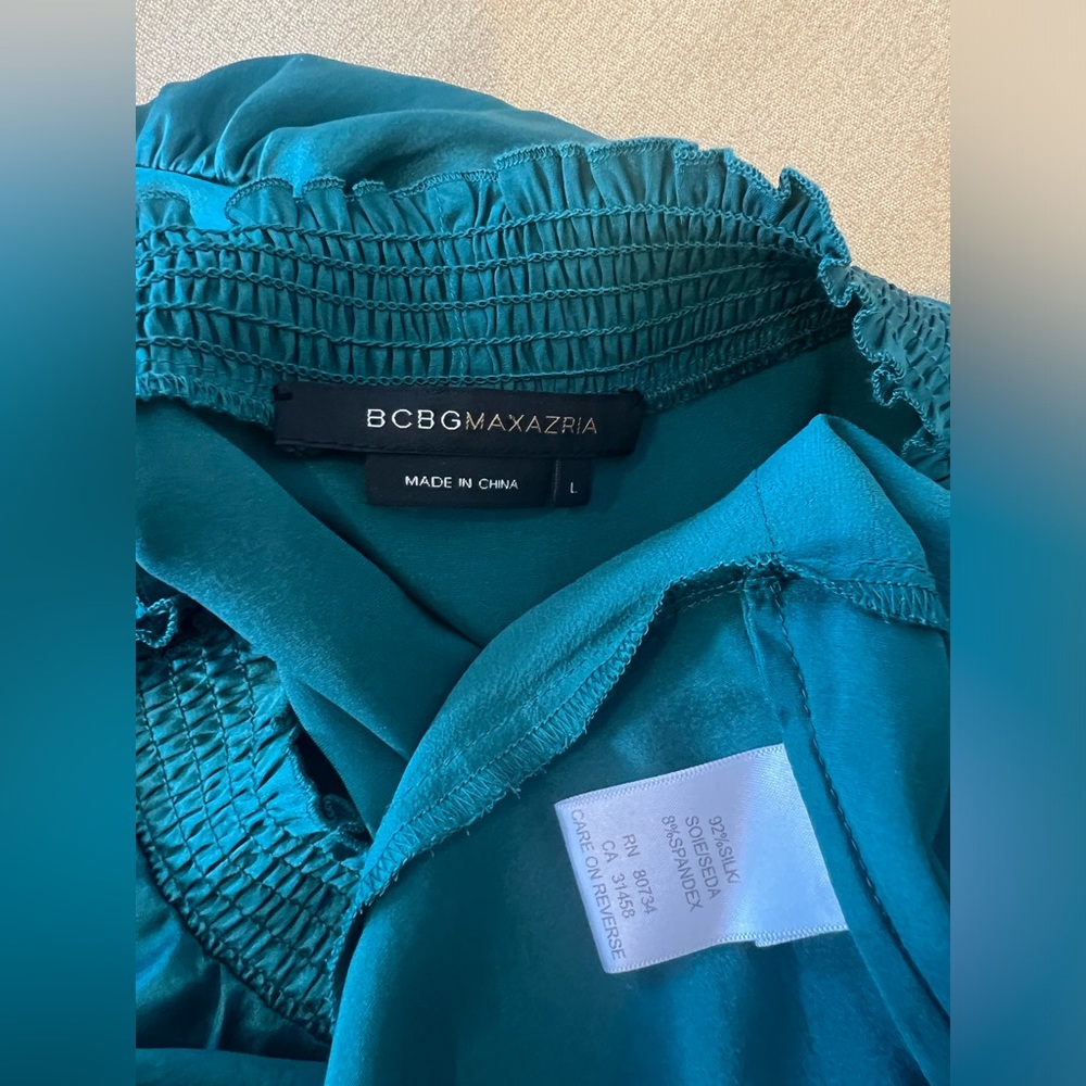 New BCBG Max Azria Green Silk Dress Cap Sleeves L - Picture 5 of 6